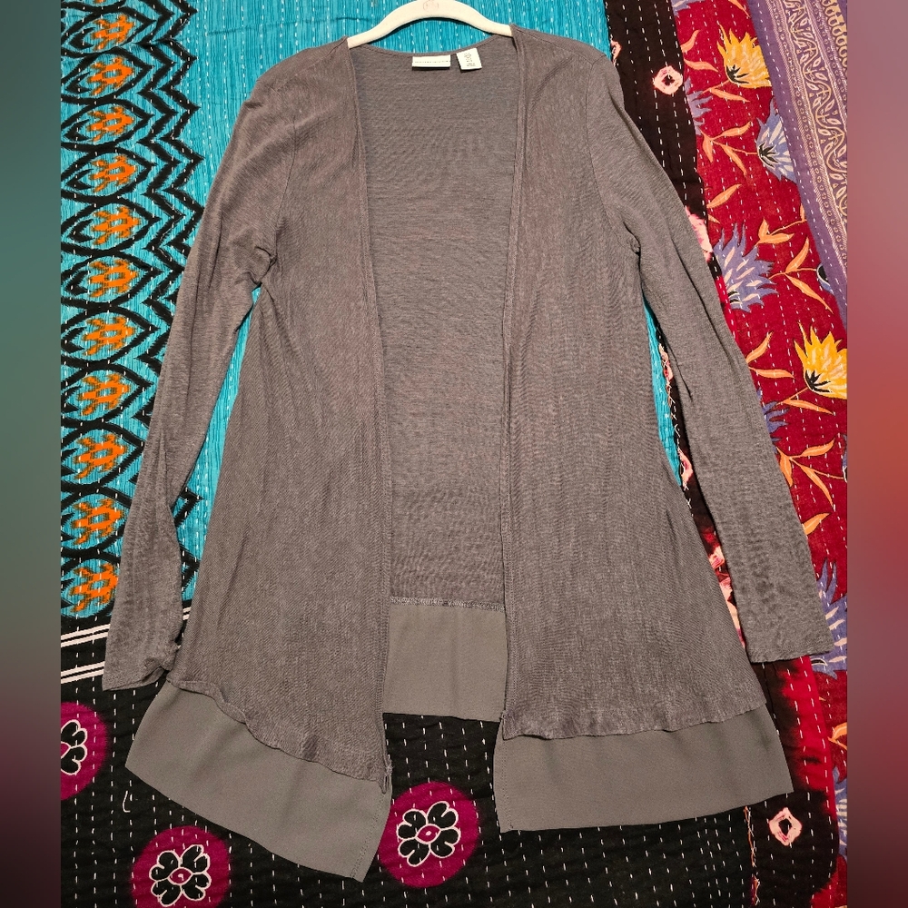Adrienne Vittadini High-low Ruffle Hem Grey Linen Cardigan